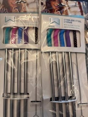 NWT Stainless Steel Straw Set with Silicone Flex Tips - Multi-Color 2 sets
